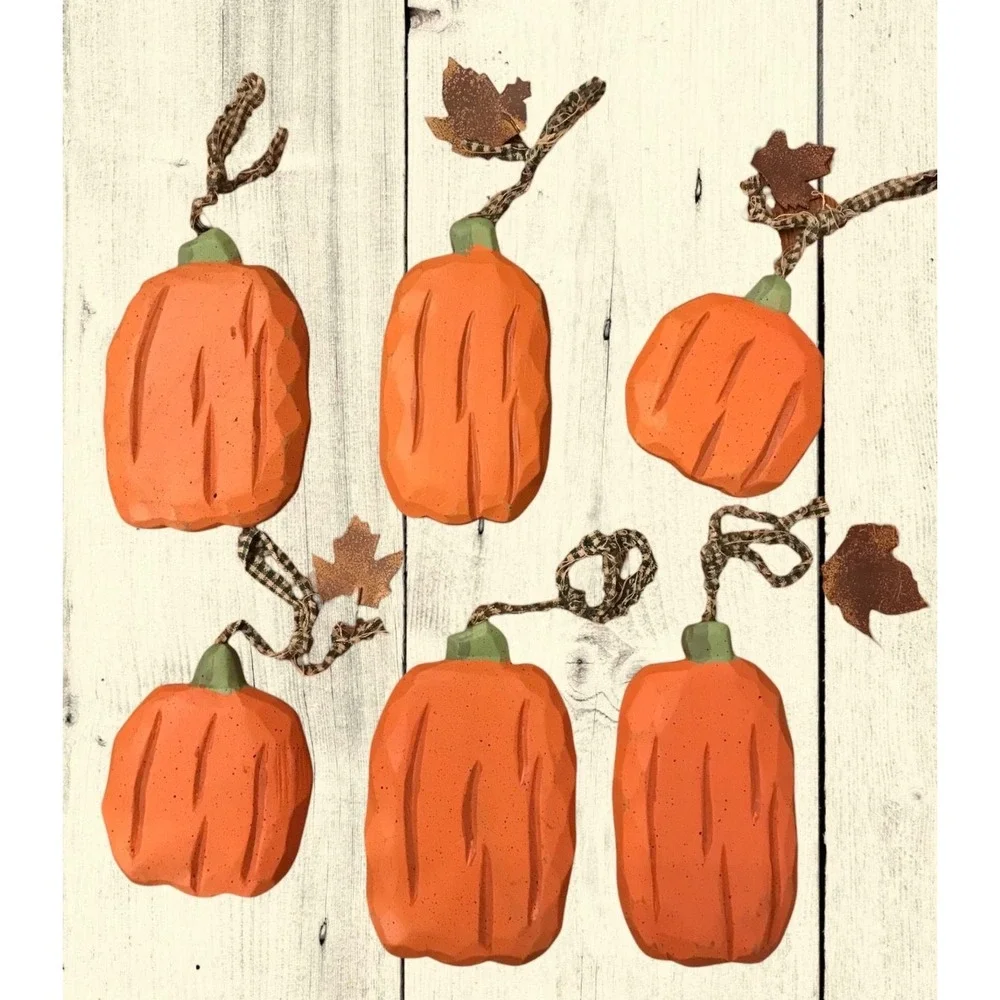 New‎ 6 Piece Fall Wooden Carved Pumpkin Ornaments Halloween Primitive Farmhouse